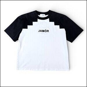 XT Free & Easy JAMOR Black White Graphic Tee Shirt Colorblock Y2K Short Sleeve